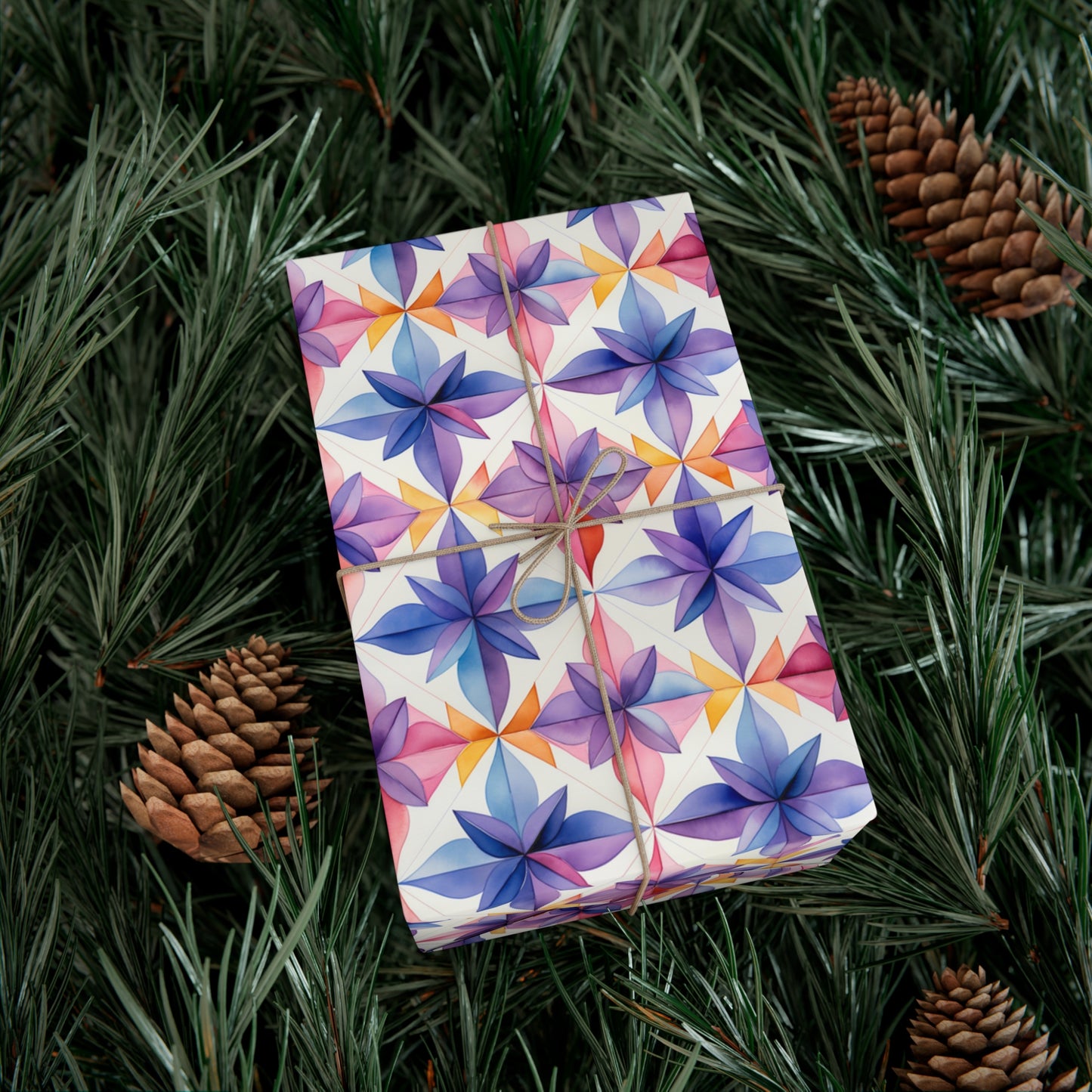 Geometric Watercolor Floral Wrapping Paper, Eco-Friendly Spanish Tile Design, USA-Made