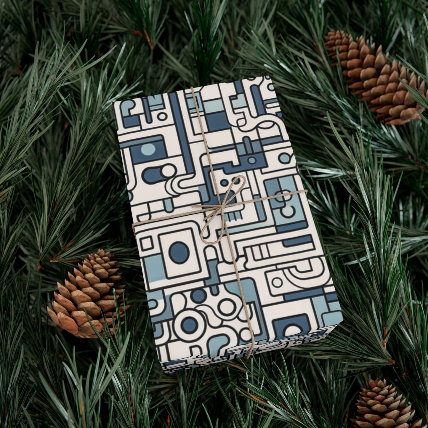 Modern Abstract Maze Wrapping Paper - Blue and Beige Mechanical Patterns on Recycled Paper