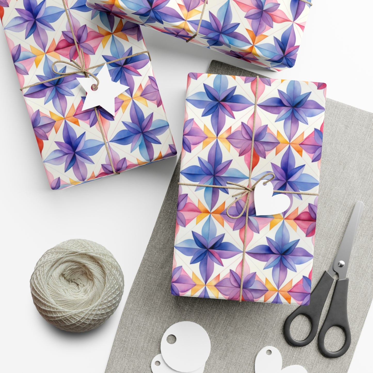 Geometric Watercolor Floral Wrapping Paper, Eco-Friendly Spanish Tile Design, USA-Made
