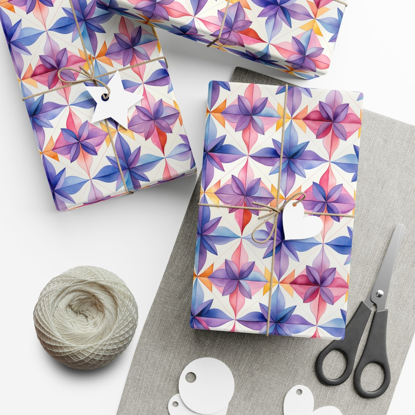 Geometric Watercolor Floral Wrapping Paper, Eco-Friendly Spanish Tile Design, USA-Made