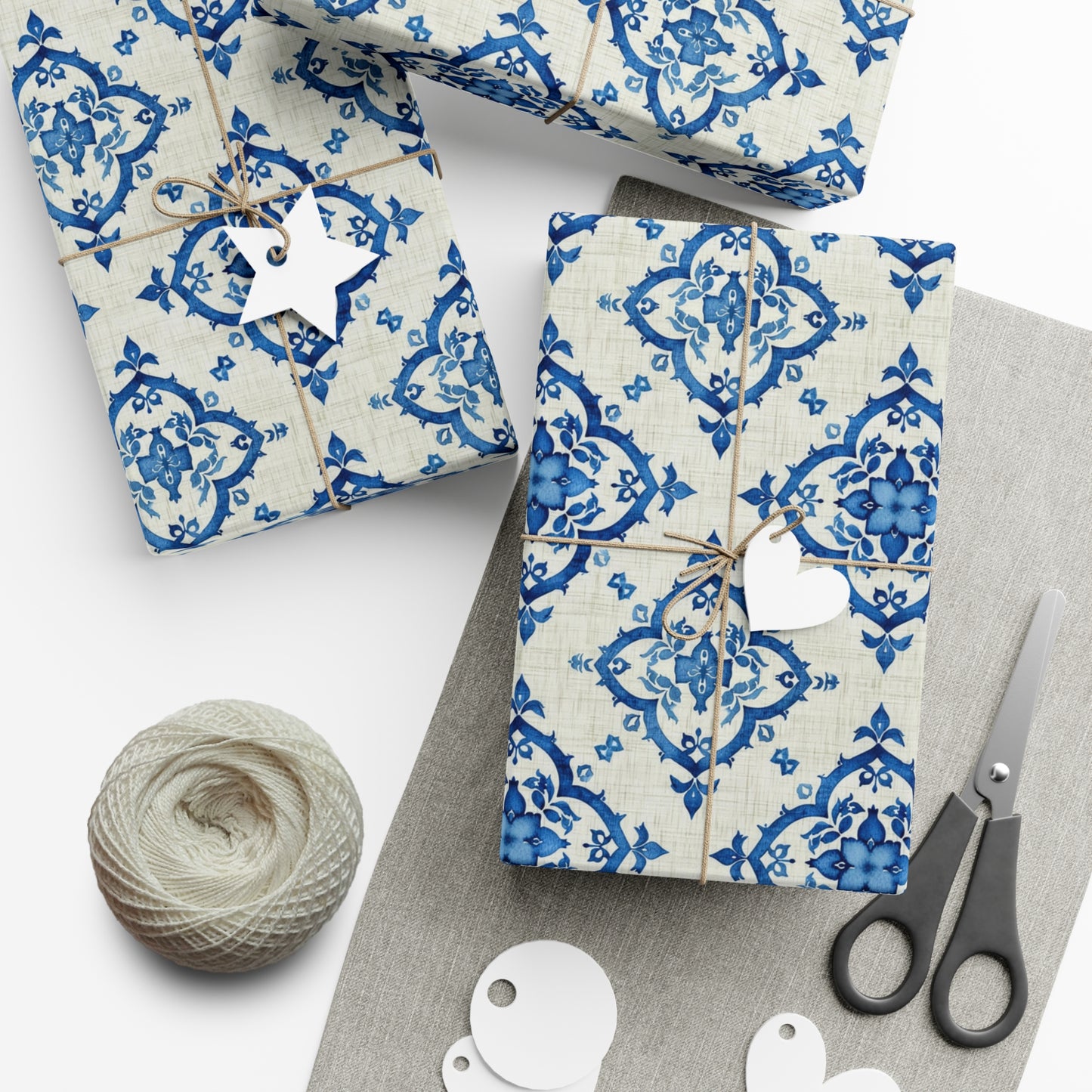 Elegant Blue Floral Gift Wrap - Traditional Faux Linen Design on Recycled Wrapping Paper