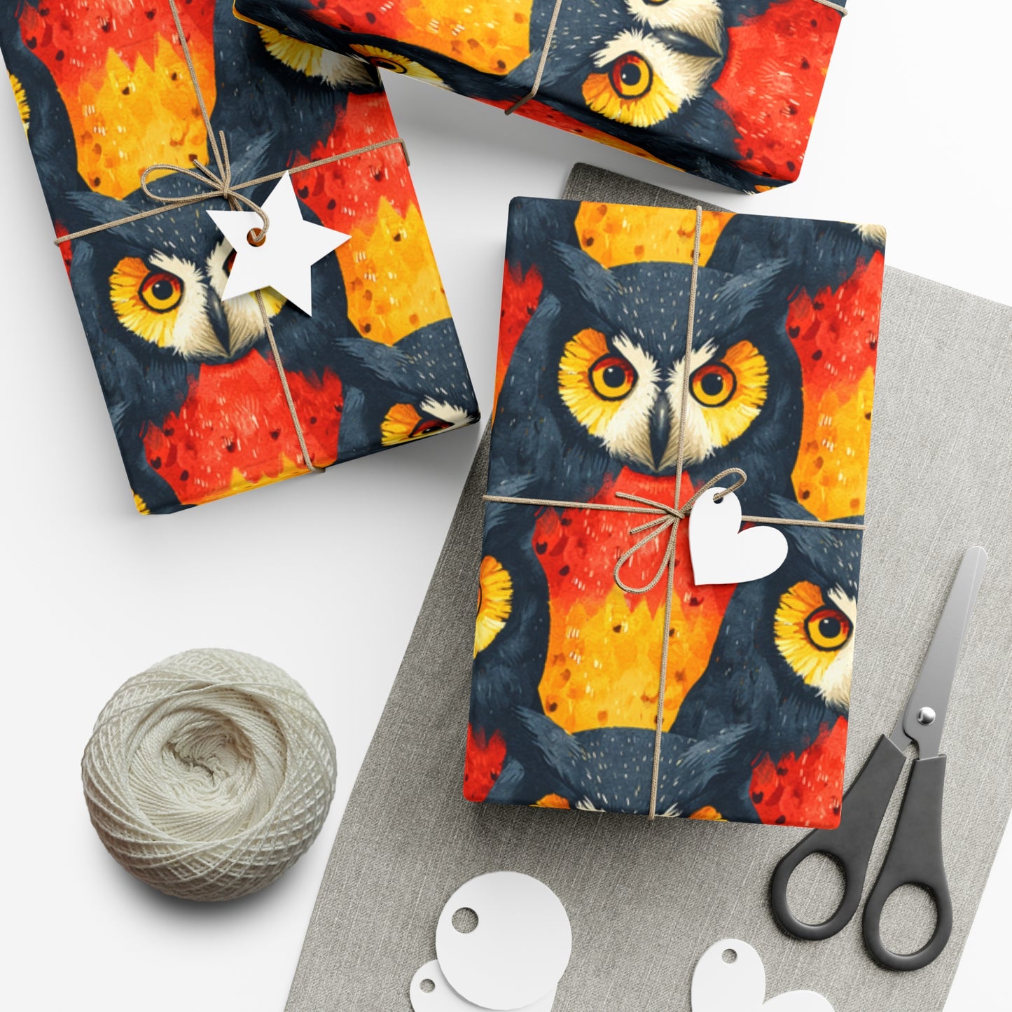 Vibrant Fiery Owls Gift Wrap - Stunning Watercolor Illustration Pattern, Recycled Wrapping Paper