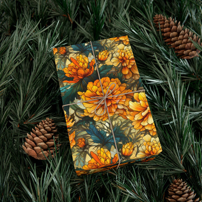 Art Deco Boho Wrapping Paper - Yellow Carnations & Orange Florals on Recycled Paper