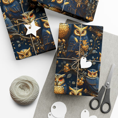 Golden Owls & Royal Blue Luxury Wrapping Paper - Vibrant Steampunk Design for All Occasions