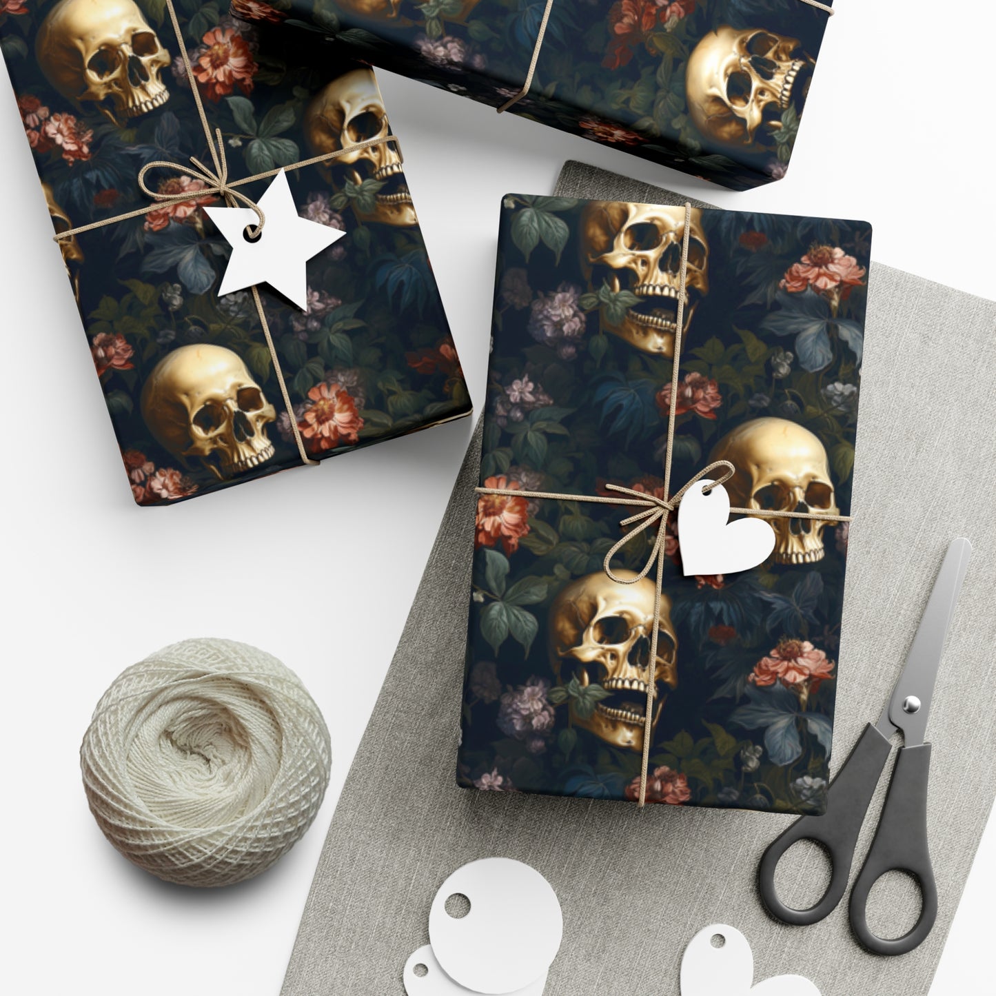 Gothic Golden Skulls & Floral Bouquet Wrapping Paper - Metalcore Punk Inspired Gift Wrap on Recycled Paper