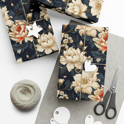 Oversized Damask Floral Wrapping Paper - Creme & Blue with Red Accent, European Elegance