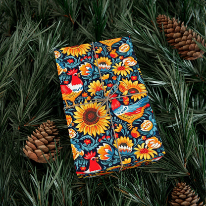 Rooster & Sunflower Wrap - Recycled Folk Art Wrapping Paper