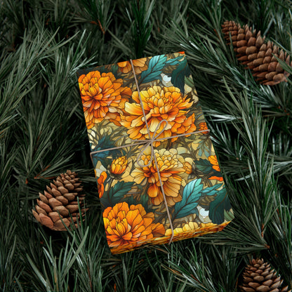 Art Deco Boho Wrapping Paper - Yellow Carnations & Orange Florals on Recycled Paper