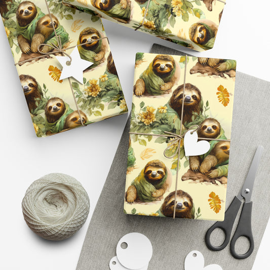 Watercolor Vintage Sloths Wrapping Paper | Warm Yellow & Green Floral Design | Unique Recycled Gift Wrap