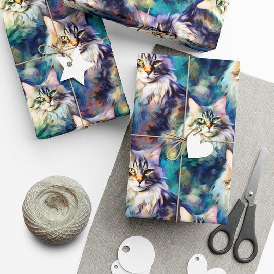 Impressionist Maine Coon Cat Wrapping Paper - Artistic Feline Elegance on Eco-Friendly Paper