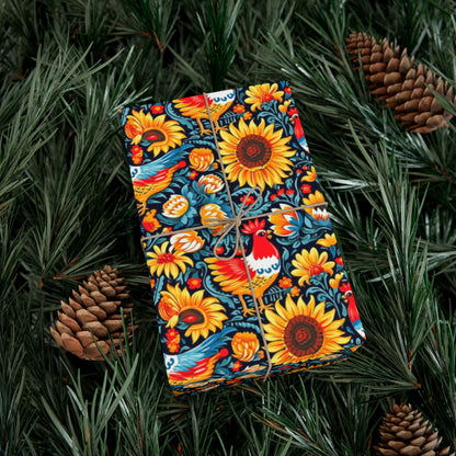 Rooster & Sunflower Wrap - Recycled Folk Art Wrapping Paper