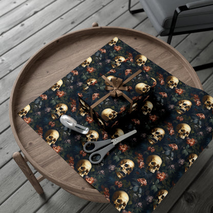 Gothic Golden Skulls & Floral Bouquet Wrapping Paper - Metalcore Punk Inspired Gift Wrap on Recycled Paper