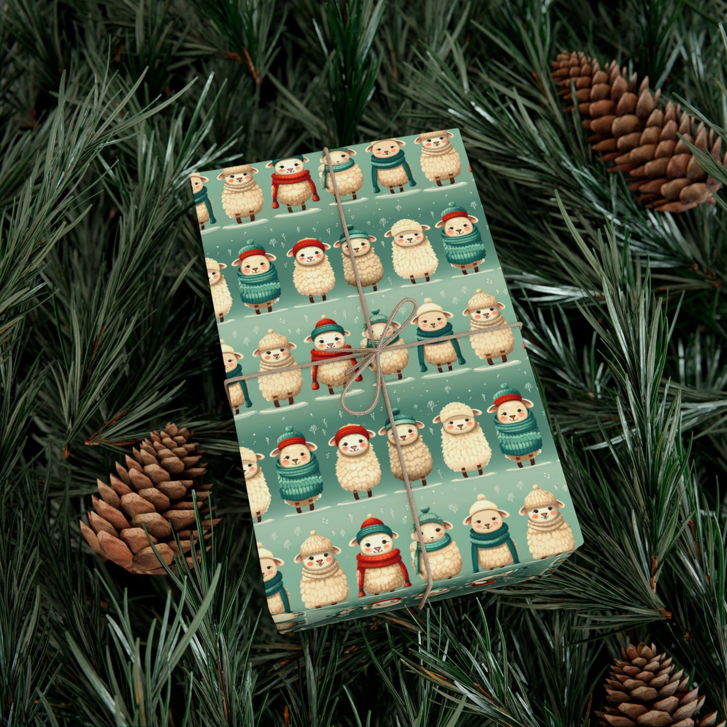 Winter Cozy Sheep Wrapping Paper | Cartoon Sheep in Scarves & Hats | Holiday Recycled Gift Wrap