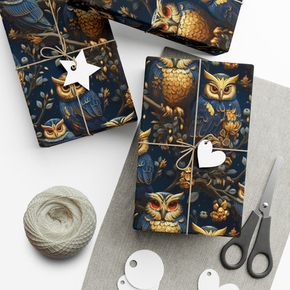 Golden Owls & Royal Blue Luxury Wrapping Paper - Vibrant Steampunk Design for All Occasions