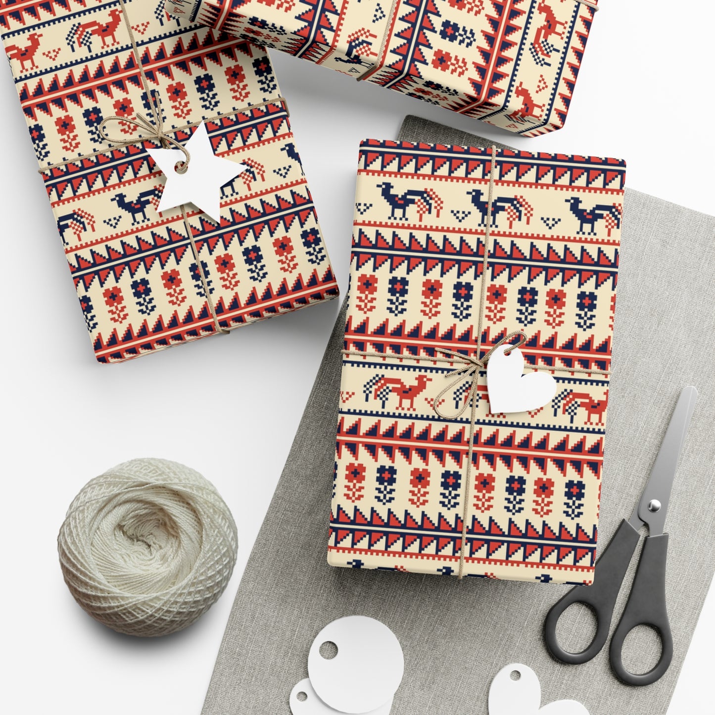 Tatreez Roosters Embroidery Wrapping Paper - Palestinian Traditional Folk Art with Recycled Materials