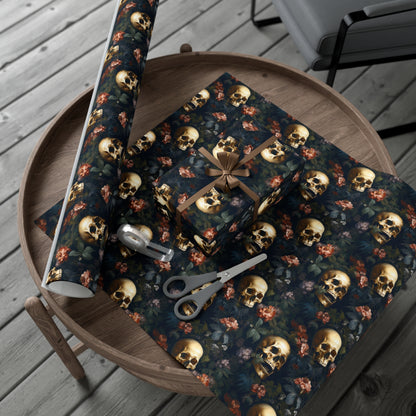 Gothic Golden Skulls & Floral Bouquet Wrapping Paper - Metalcore Punk Inspired Gift Wrap on Recycled Paper