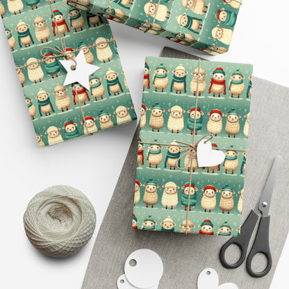 Winter Cozy Sheep Wrapping Paper | Cartoon Sheep in Scarves & Hats | Holiday Recycled Gift Wrap