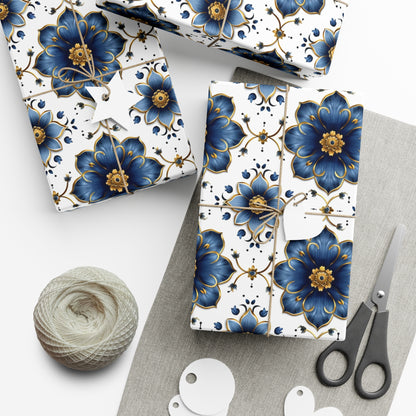 French Blue & Gold Floral Gift Wrap, Versailles-Inspired, Elegant Sustainable Wrapping Paper