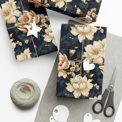 Oversized Damask Floral Wrapping Paper - Creme & Blue with Red Accent, European Elegance