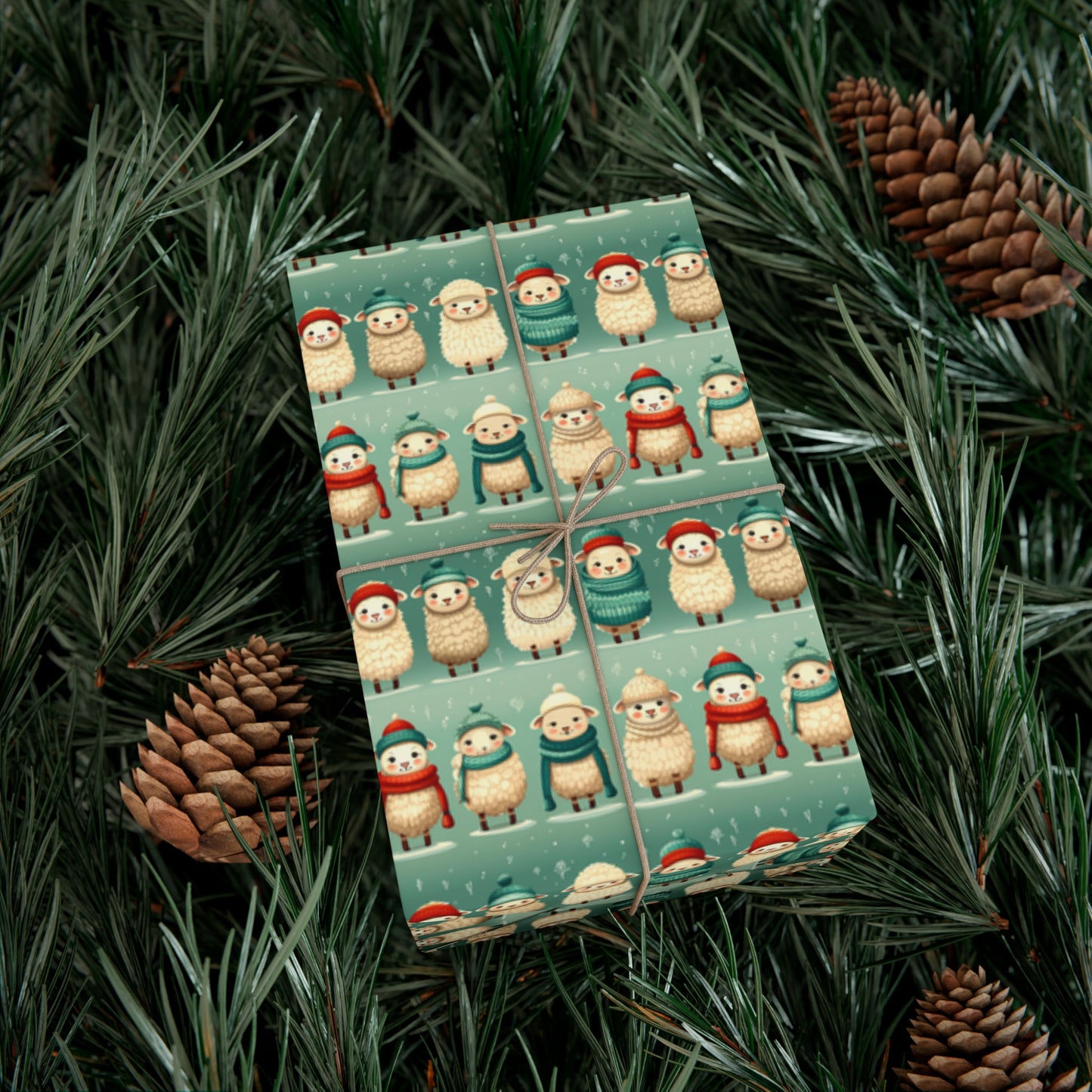 Winter Cozy Sheep Wrapping Paper | Cartoon Sheep in Scarves & Hats | Holiday Recycled Gift Wrap