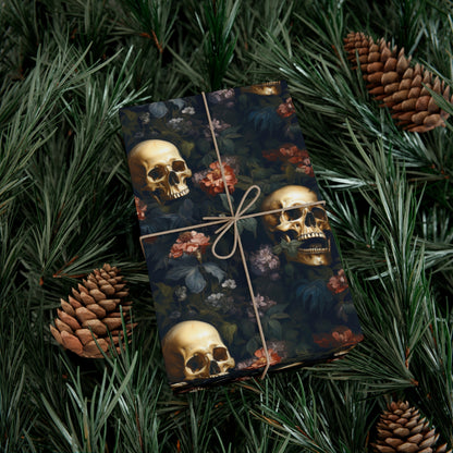 Gothic Golden Skulls & Floral Bouquet Wrapping Paper - Metalcore Punk Inspired Gift Wrap on Recycled Paper