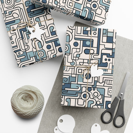 Modern Abstract Maze Wrapping Paper - Blue and Beige Mechanical Patterns on Recycled Paper