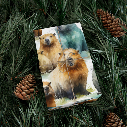 Oversized Capybaras Wrapping Paper - Recycled Watercolor Gift Wrap, Handpainted Style, USA Made