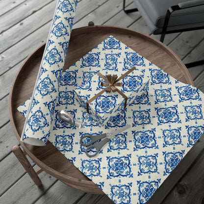 Elegant Blue Floral Gift Wrap - Traditional Faux Linen Design on Recycled Wrapping Paper