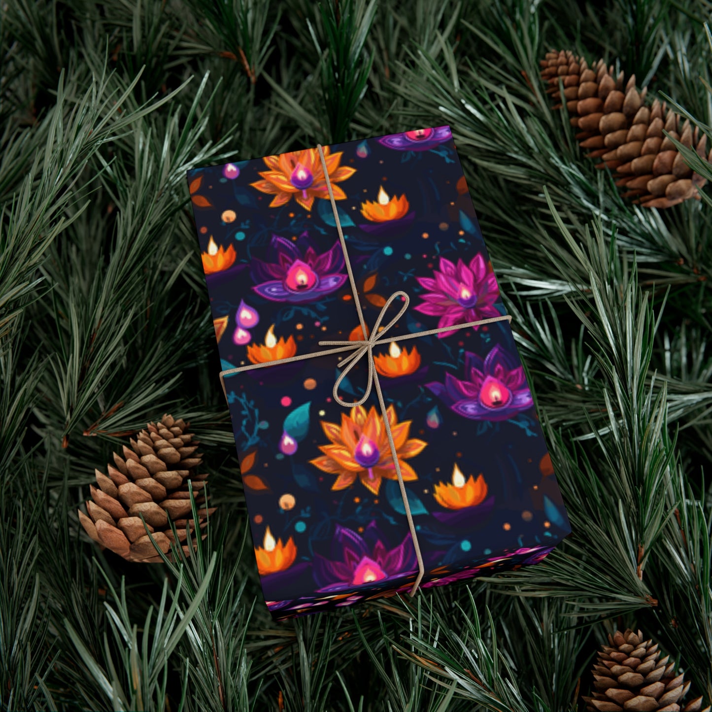 Vibrant Diwali Wrapping Paper - Colorful Elegant Lotus Candle Design for Festive Gifts