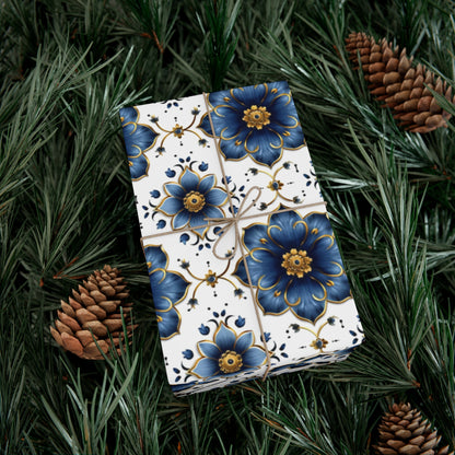 French Blue & Gold Floral Gift Wrap, Versailles-Inspired, Elegant Sustainable Wrapping Paper