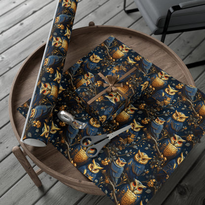 Golden Owls & Royal Blue Luxury Wrapping Paper - Vibrant Steampunk Design for All Occasions