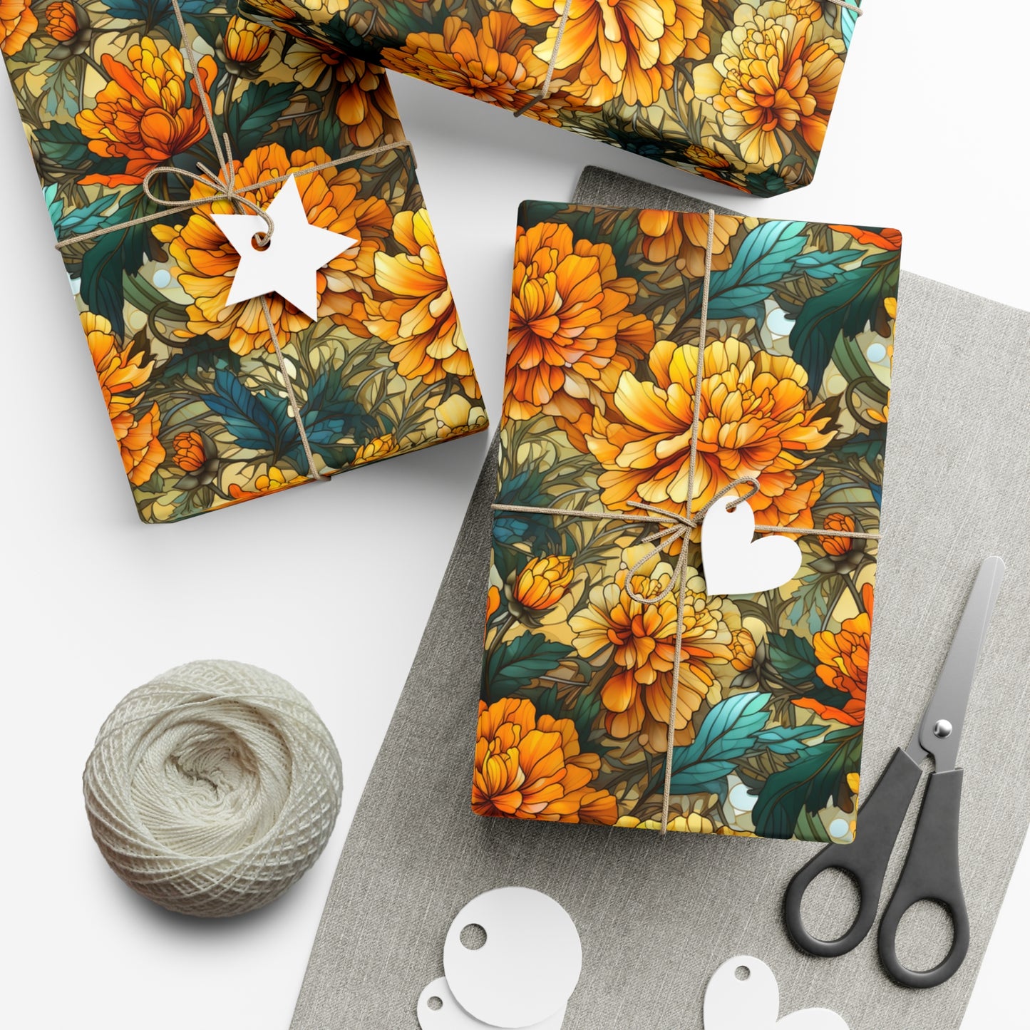 Art Deco Boho Wrapping Paper - Yellow Carnations & Orange Florals on Recycled Paper