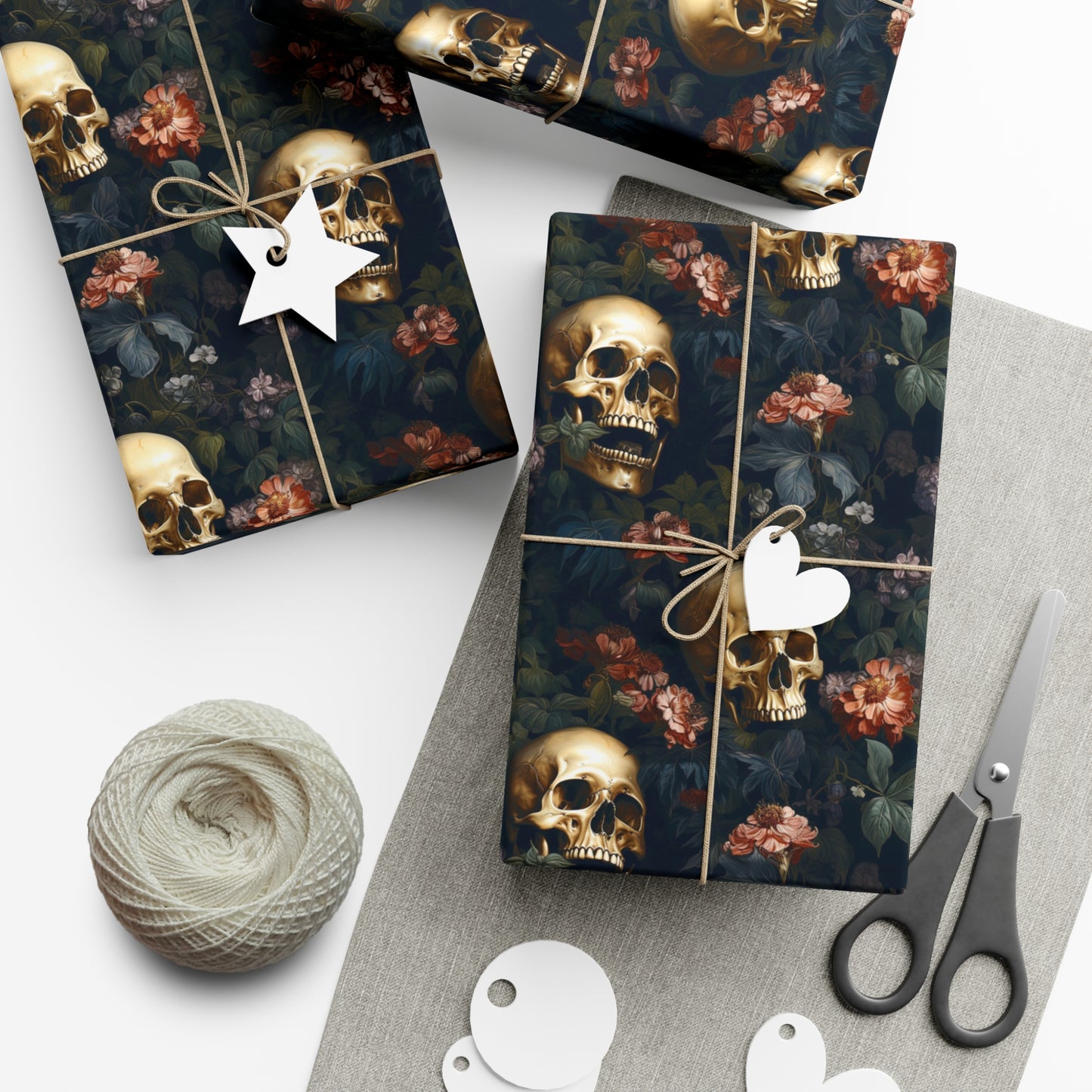 Gothic Golden Skulls & Floral Bouquet Wrapping Paper - Metalcore Punk Inspired Gift Wrap on Recycled Paper