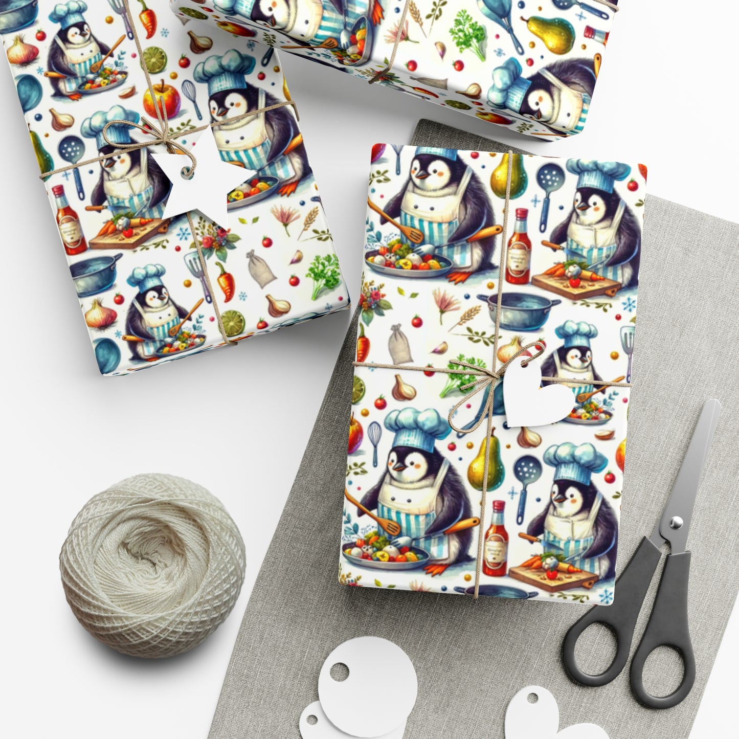 Culinary Penguins Wrapping Paper | Eco-Friendly Chef-Themed Gift Wrap