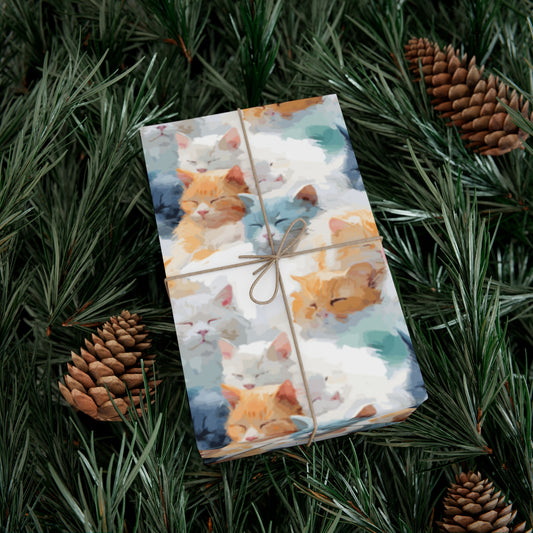 Napping Watercolor Kittens Wrapping Paper - Dreamy Design, Orange & Blue on White, Elegant Gift Wrap