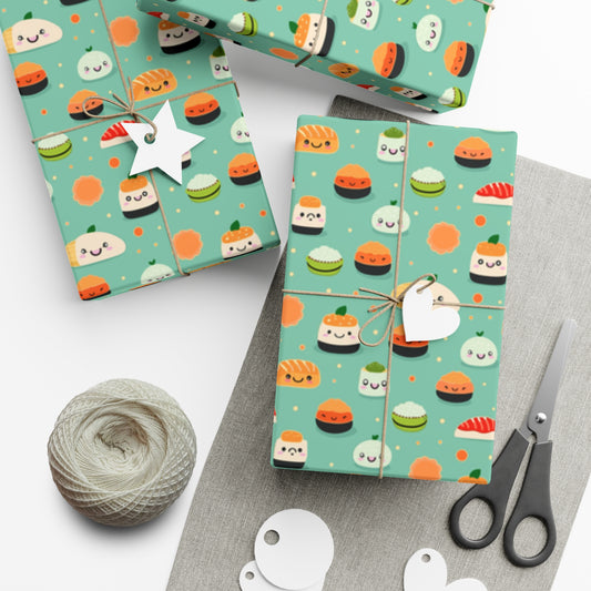 Sushi Cartoon Wrapping Paper - Adorable Playful Cute Design for Kids & Babies' Birthdays