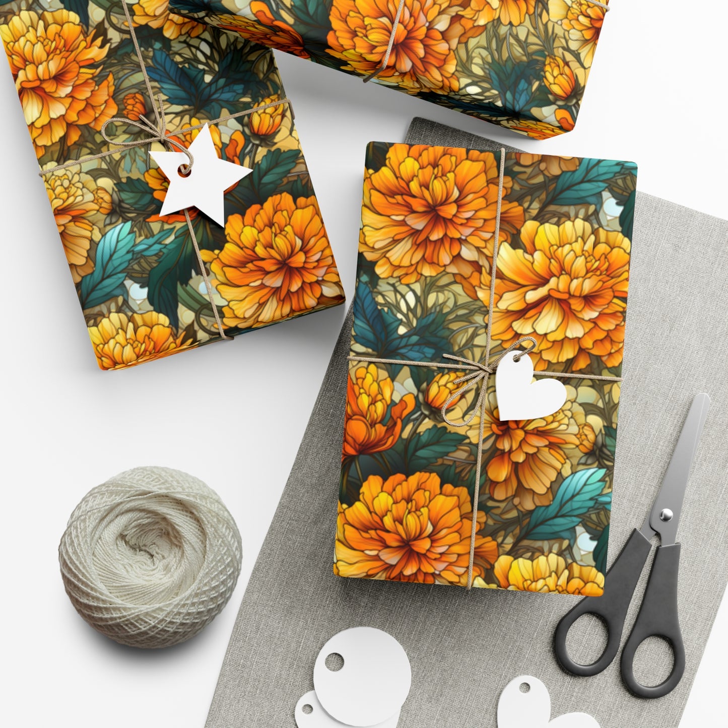 Art Deco Boho Wrapping Paper - Yellow Carnations & Orange Florals on Recycled Paper