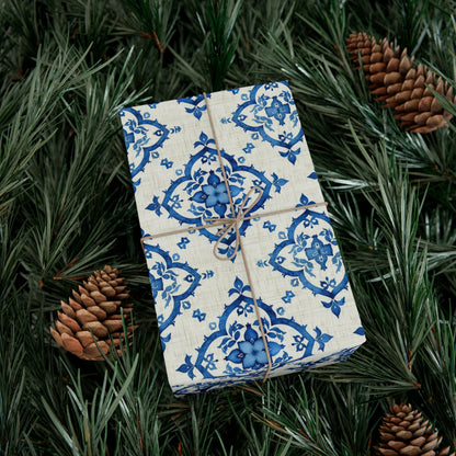 Elegant Blue Floral Gift Wrap - Traditional Faux Linen Design on Recycled Wrapping Paper