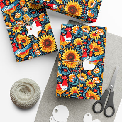 Rooster & Sunflower Wrap - Recycled Folk Art Wrapping Paper