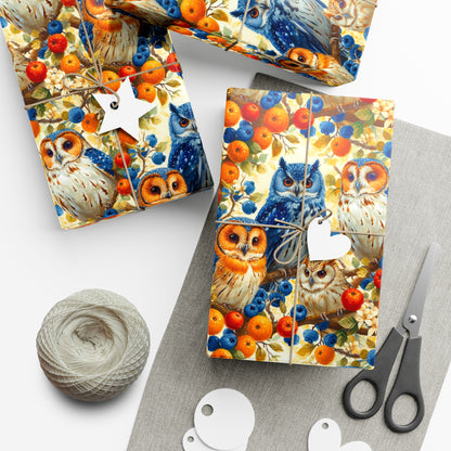 Vibrant Owls & Fruit Watercolor Wrapping Paper - Recycled Birthday Gift Wrap