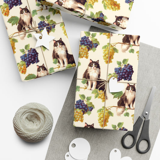 Elegant Tuxedo Cats & Grapes - Inspired by Turkish Angora - Eco-Friendly Gift Wrapping Paper