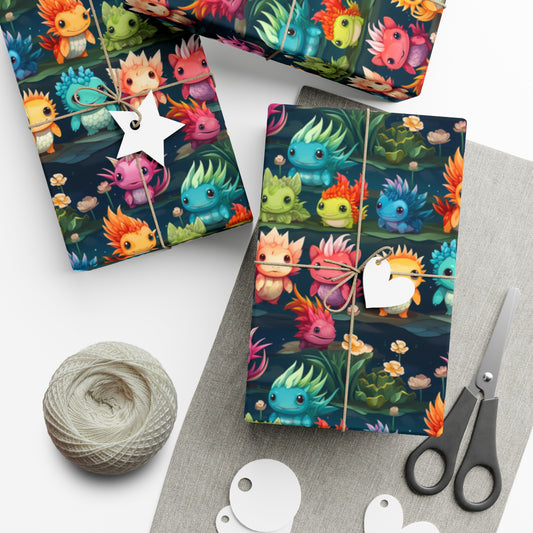 Playful Axolotl & Pokemon-Inspired Gift Wrap - Colorful Kids Wrapping Paper