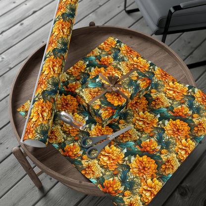 Art Deco Boho Wrapping Paper - Yellow Carnations & Orange Florals on Recycled Paper