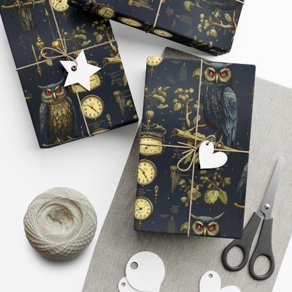 Gothic Owls Wrapping Paper | Vintage-Inspired Time & Botany Design | Unique Fantasy Gift Wrap