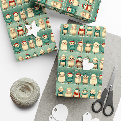 Winter Cozy Sheep Wrapping Paper | Cartoon Sheep in Scarves & Hats | Holiday Recycled Gift Wrap