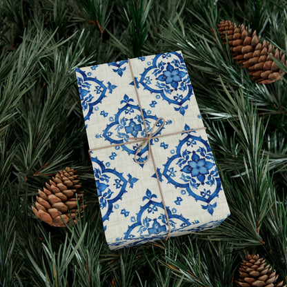 Elegant Blue Floral Gift Wrap - Traditional Faux Linen Design on Recycled Wrapping Paper