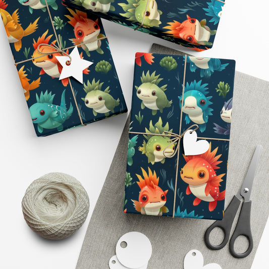 Whimsical Fantasy Creatures Wrapping Paper | Axolotls & Pokemon-Inspired Design for Kids