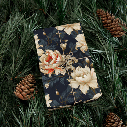 Oversized Damask Floral Wrapping Paper - Creme & Blue with Red Accent, European Elegance