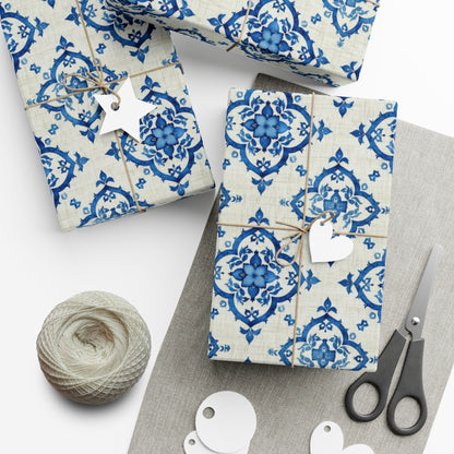 Elegant Blue Floral Gift Wrap - Traditional Faux Linen Design on Recycled Wrapping Paper