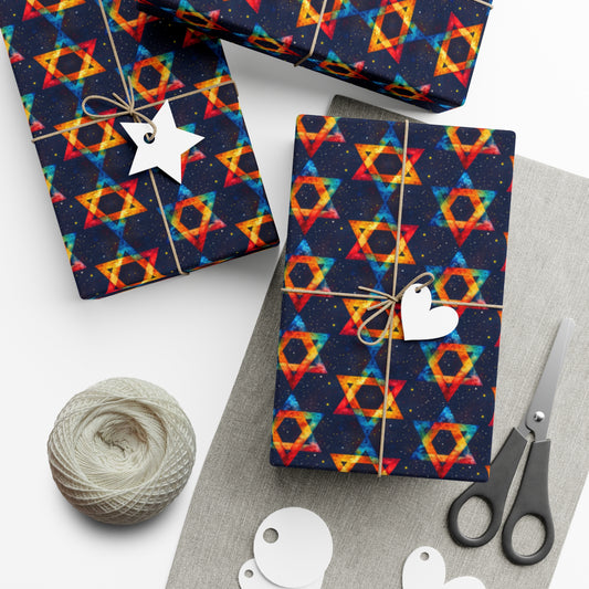 Geometric Star of David Gift Wrap - Vibrant Watercolor for Bar/Bat Mitzvah, Hanukkah, Purim